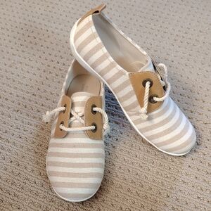 Tan and White Striped Slip-On Flats with Padded Collar